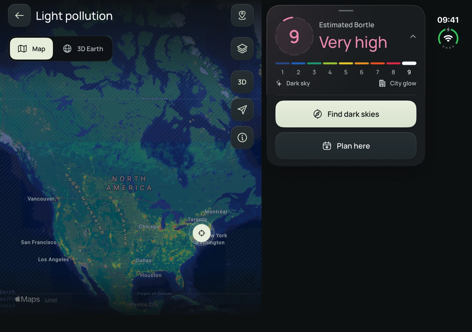 Noctis light pollution map with an estimated Bortle reading